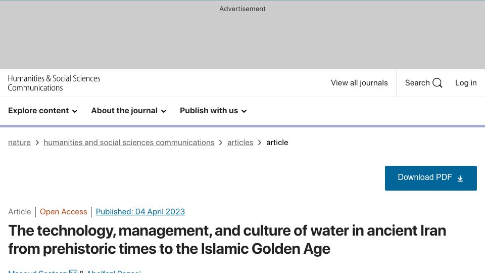 Screenshot of nature.com: Technology of water in ancient Iran from prehistory to the Islamic Golden Age