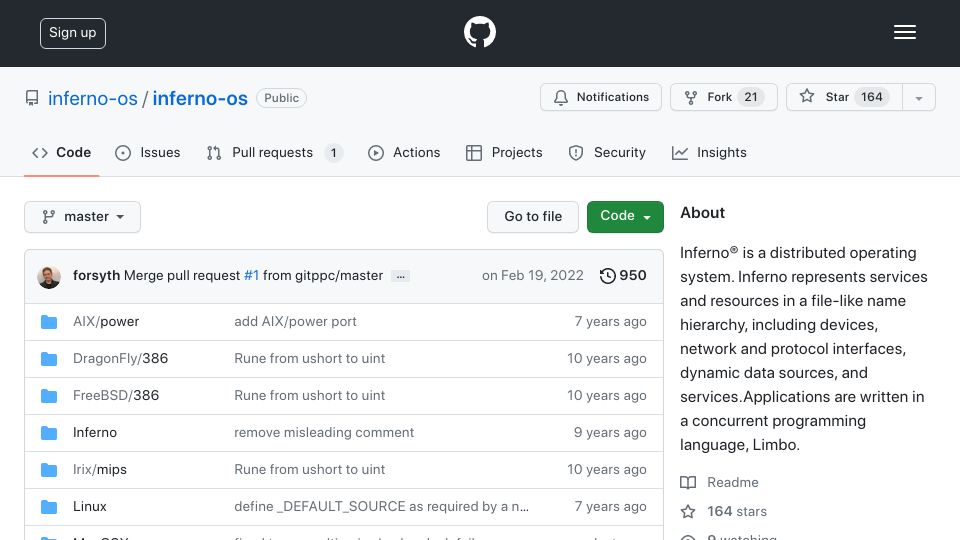 Screenshot of github.com: Inferno-OS: distributed operating system where everything is a file