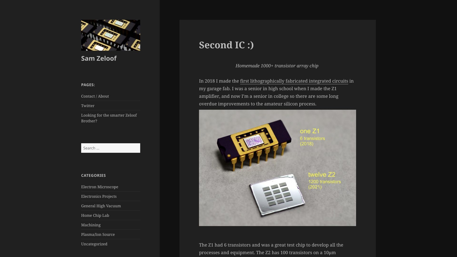 Screenshot of sam.zeloof.xyz: Second IC – Homemade 1000 transistor array chip (2021)