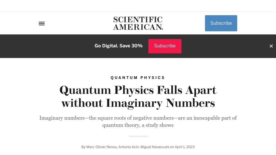 Screenshot of scientificamerican.com: Quantum physics falls apart without imaginary numbers