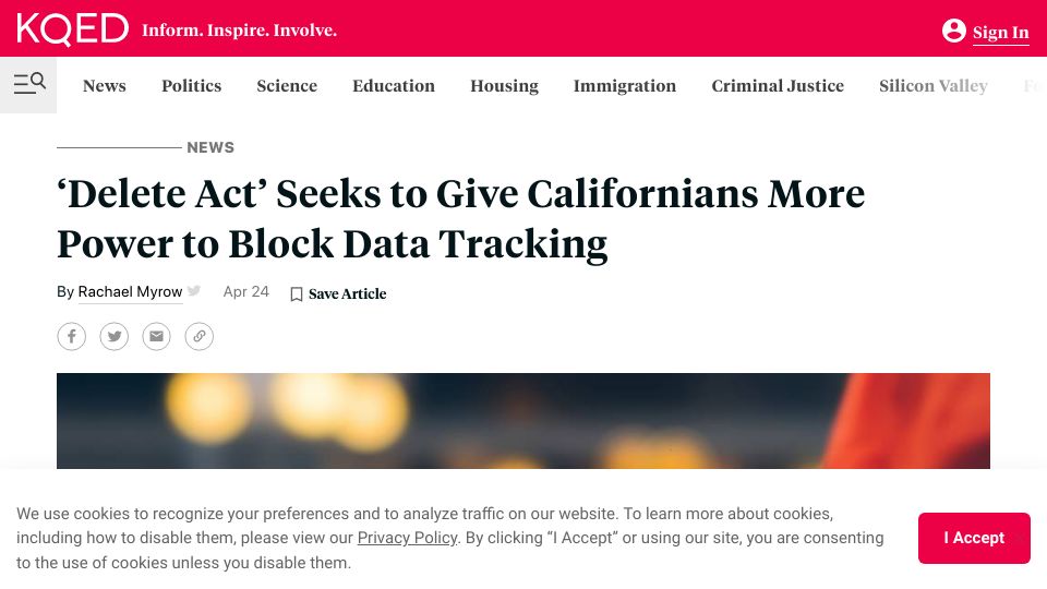 Screenshot of kqed.org: 'Delete Act' seeks to give Californians more power to block data tracking