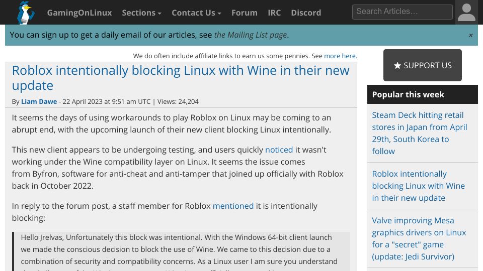 Screenshot of gamingonlinux.com: Roblox intentionally blocking Linux with Wine in their new update