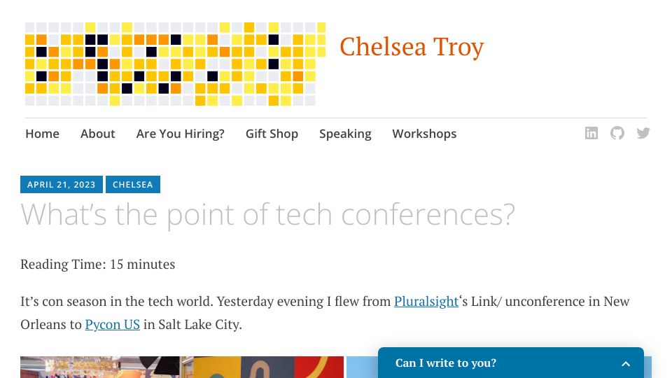 Screenshot of chelseatroy.com: What’s the Point of Tech Conferences?