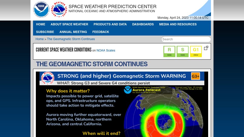 Screenshot of swpc.noaa.gov: The Geomagnetic Storm Continues