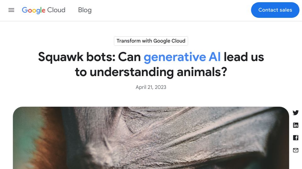 Screenshot of cloud.google.com: Squawk bots: Can generative AI lead us to understanding animals?
