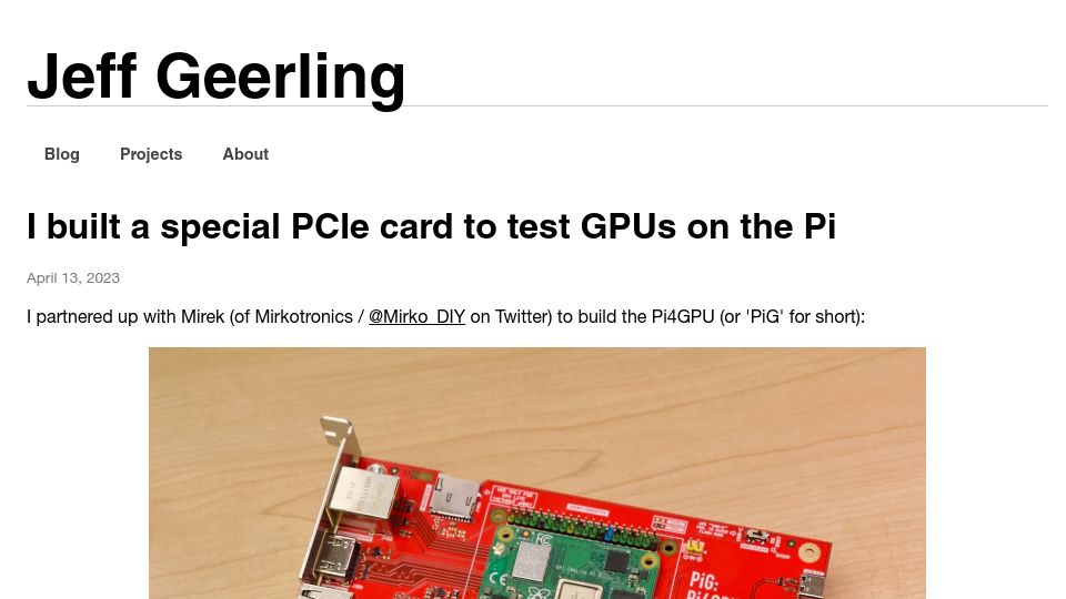 Screenshot of jeffgeerling.com: I built a special PCIe card to test GPUs on the Pi