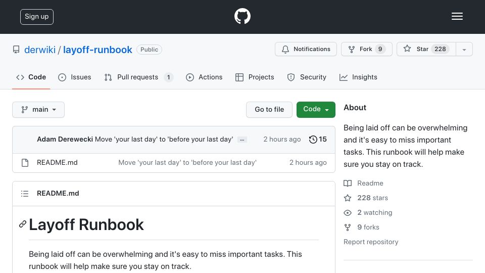 Screenshot of github.com: Layoff Runbook