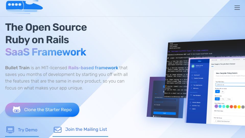 Screenshot of bullettrain.co: Bullet Train – Rails-based SaaS framework