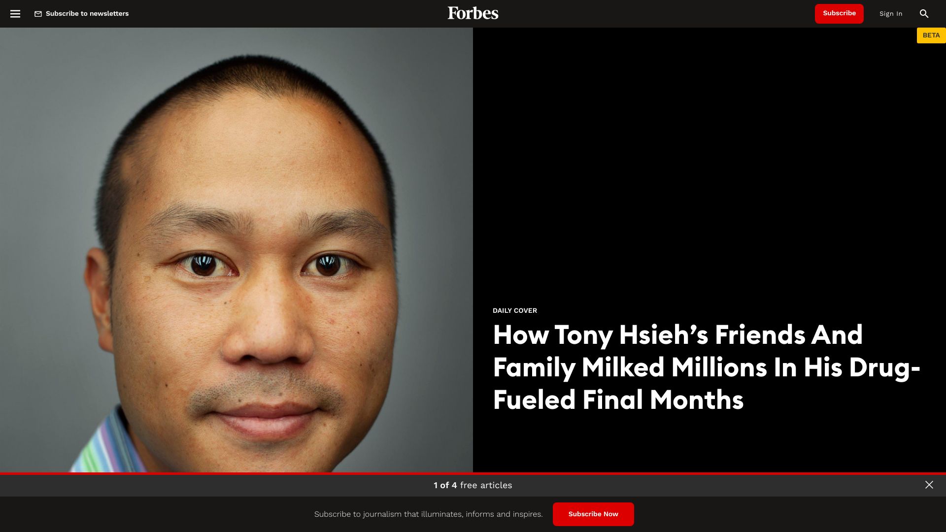 Screenshot of forbes.com: Tony Hsieh’s Friends/Family Milked Millions in His Drug-Fueled Final Months