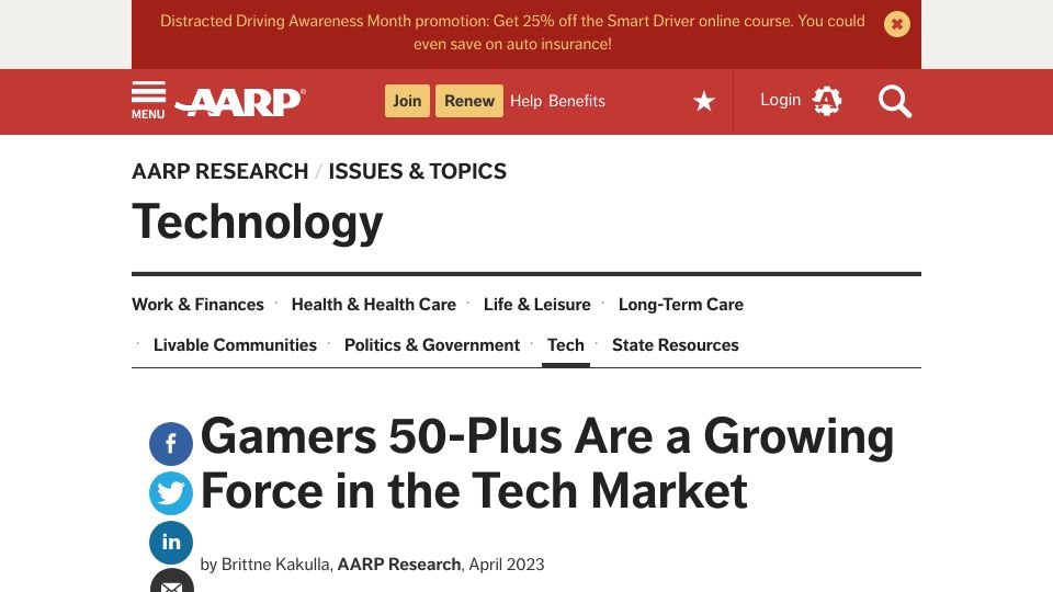 Screenshot of aarp.org: Gamers 50-Plus Are a Growing Force in the Tech Market