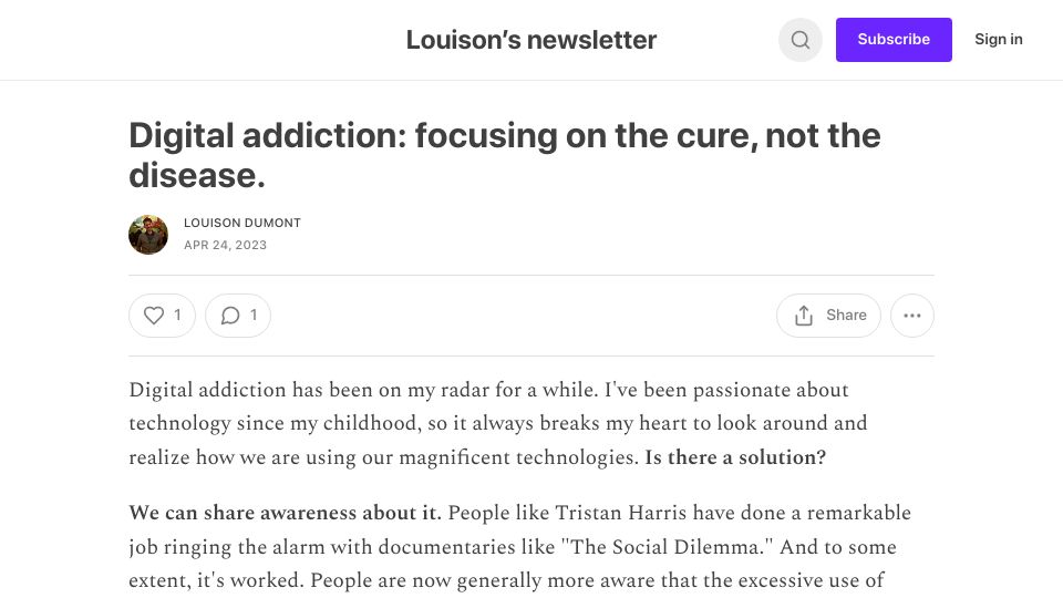 Screenshot of louison.substack.com: Digital addiction: Focusing on the cure, not the disease