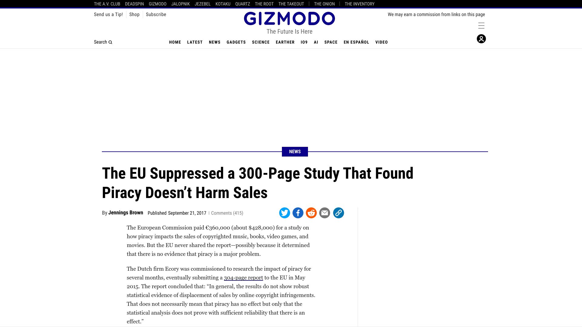 Screenshot of gizmodo.com: The EU suppressed a 300-page study that found piracy doesn’t harm sales (2017)
