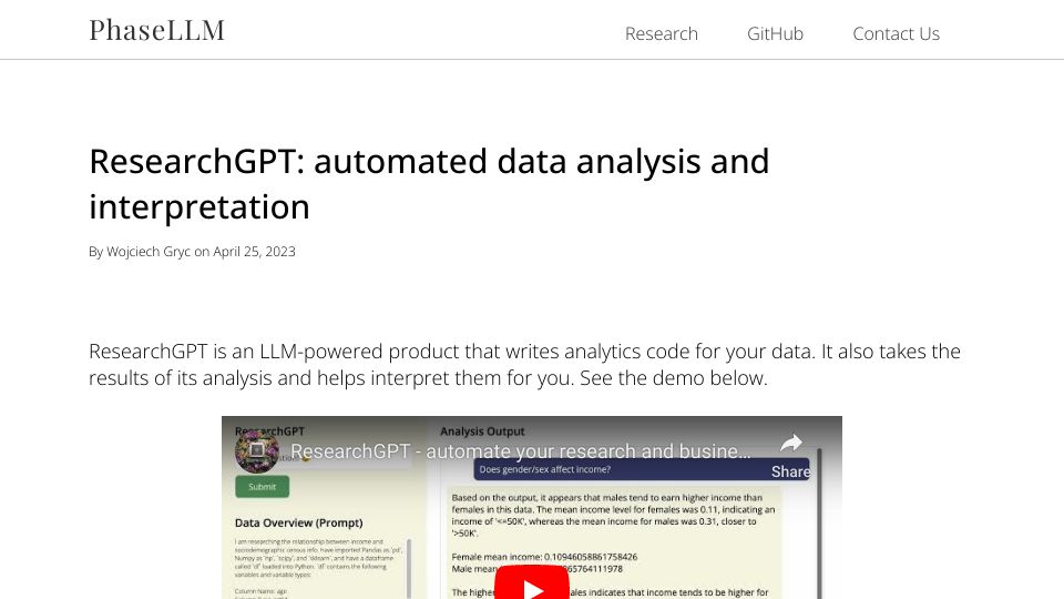 Screenshot of phasellm.com: ResearchGPT: Automated Data Analysis and Interpretation