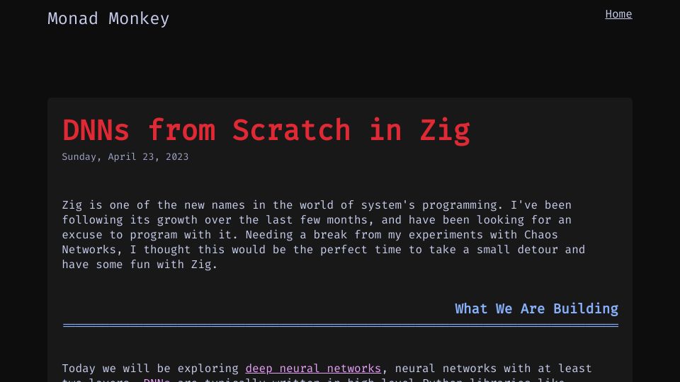 Screenshot of monadmonkey.com: Deep Neural Networks from Scratch in Zig