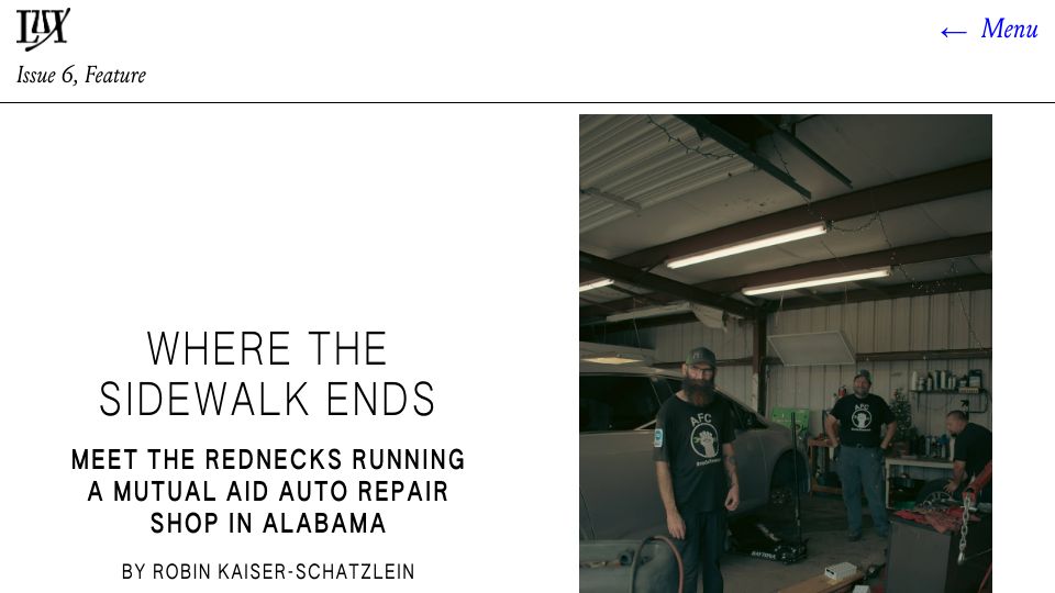 Screenshot of lux-magazine.com: A mutual aid auto shop in Alabama