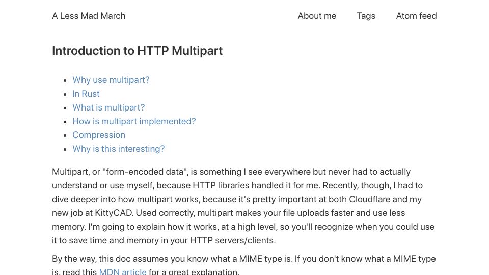 Screenshot of blog.adamchalmers.com: Introduction to HTTP Multipart