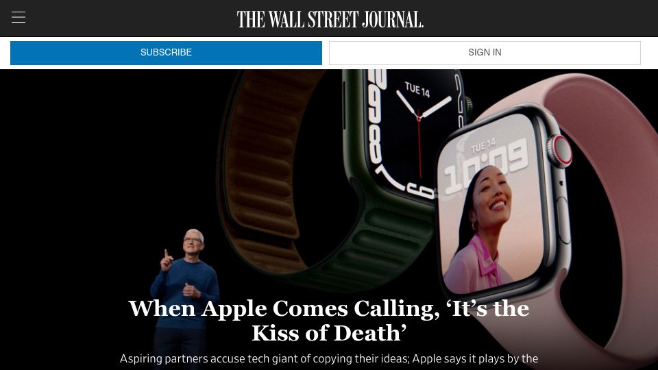 Screenshot of wsj.com: Aspiring partners accuse Apple of copying their ideas