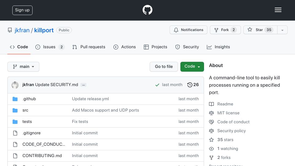 Screenshot of github.com: Show HN: Killport – CLI tool to kill processes running on a specified port