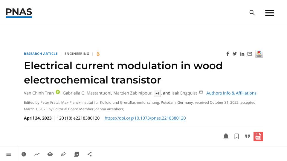 Screenshot of pnas.org: Transistor Made of Wood