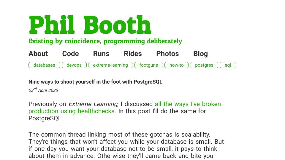 Screenshot of philbooth.me: Ways to shoot yourself in the foot with Postgres
