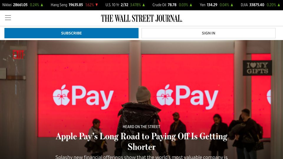 Screenshot of wsj.com: Apple Pay’s long road to paying off is getting shorter