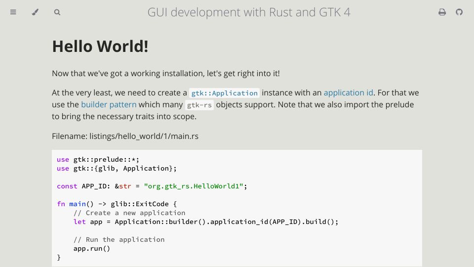 Screenshot of gtk-rs.org: GUI development with Rust and GTK 4