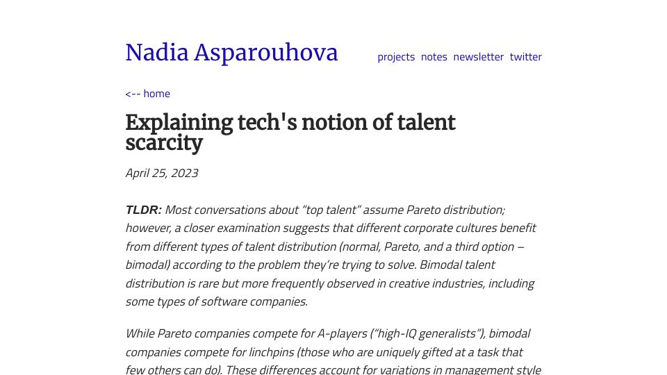 Screenshot of nadia.xyz: Explaining tech's notion of talent scarcity