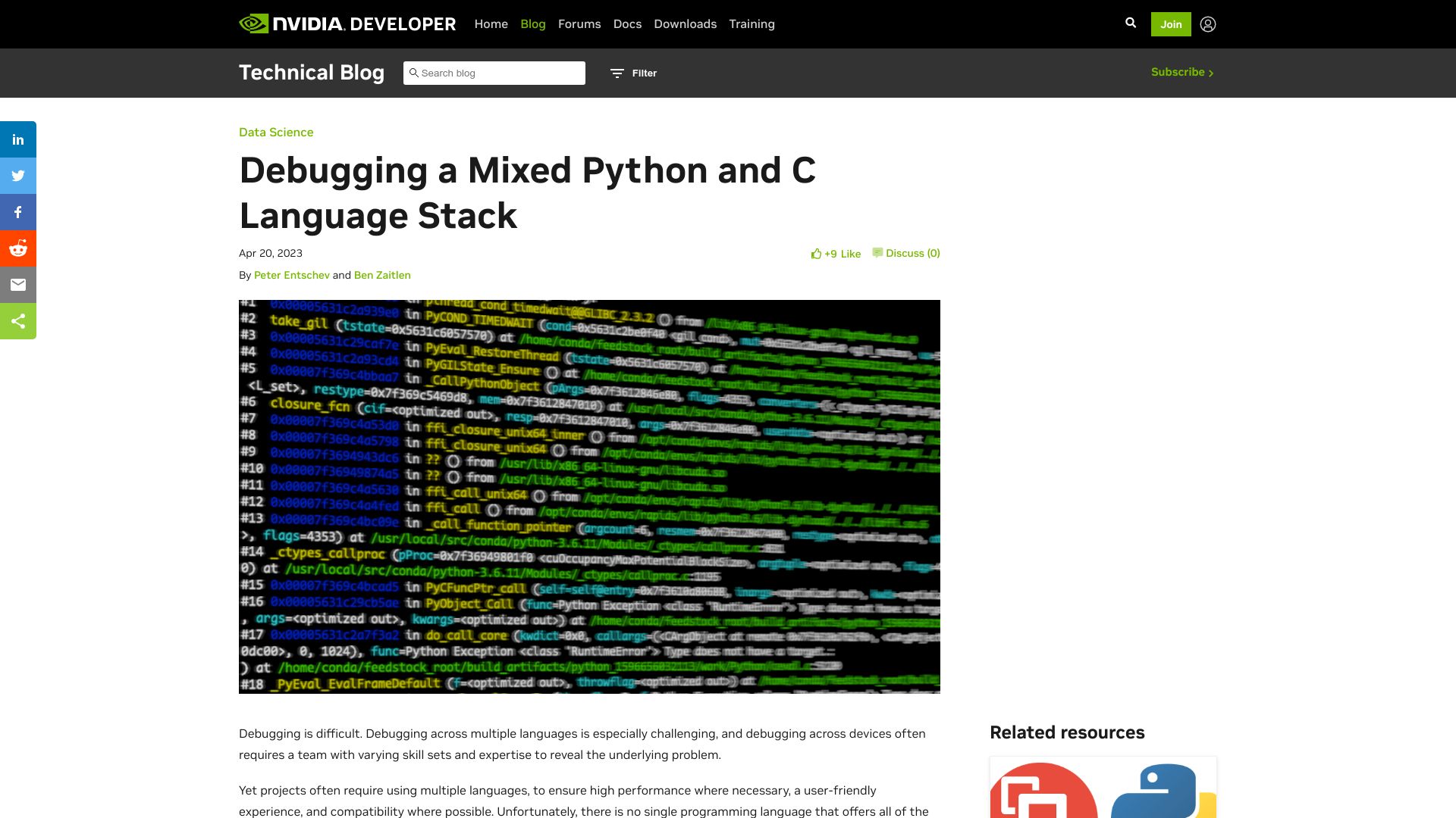 Screenshot of developer.nvidia.com: Debugging a Mixed Python and C Language Stack