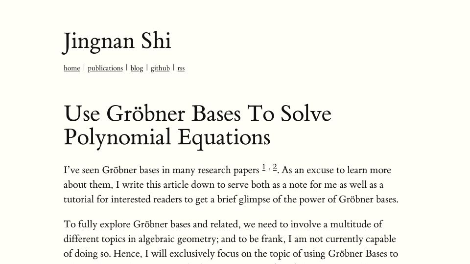 Screenshot of jingnanshi.com: Use Gröbner bases to solve polynomial equations