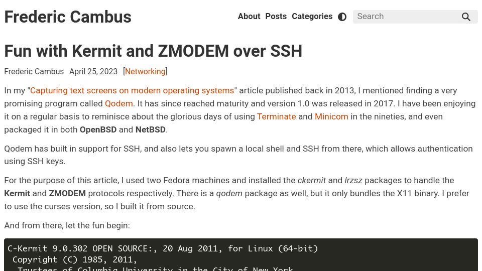 Screenshot of cambus.net: Fun with Kermit and ZMODEM over SSH