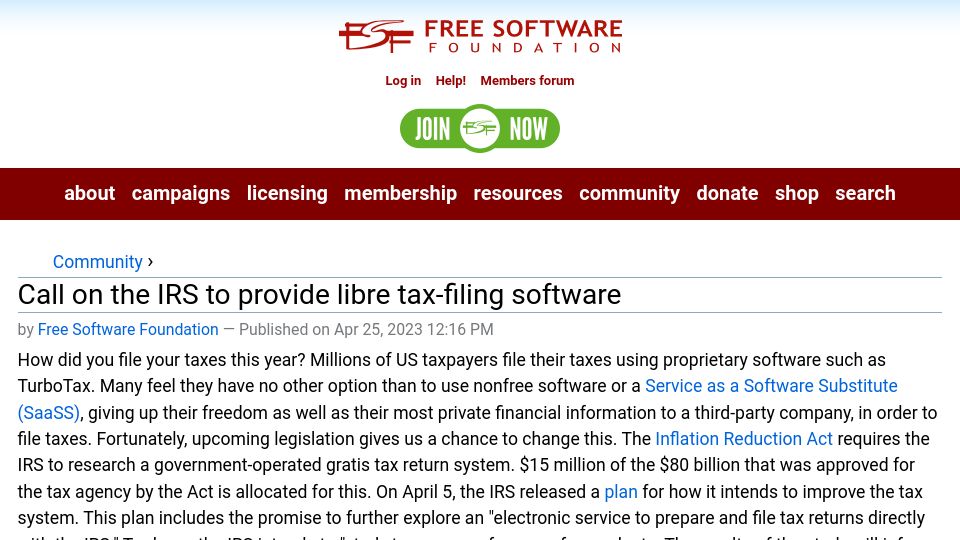Screenshot of fsf.org: FSF Call on the IRS to provide libre tax-filing software