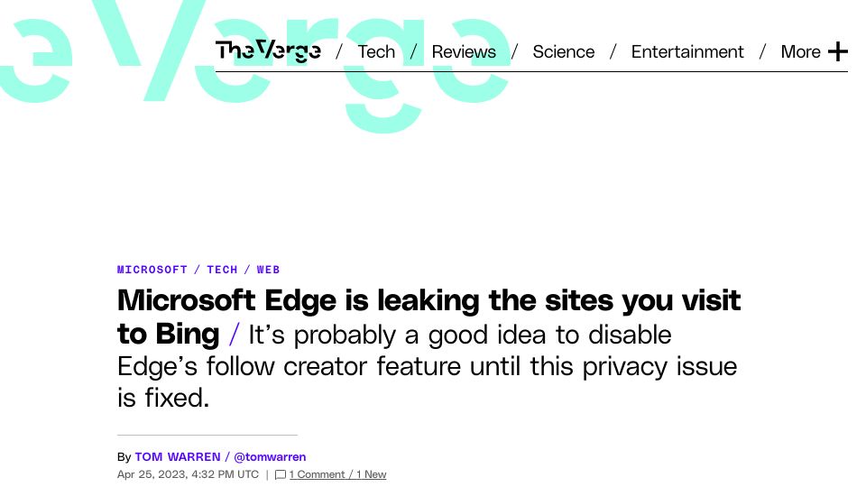Screenshot of theverge.com: Microsoft Edge is leaking the sites you visit to Bing
