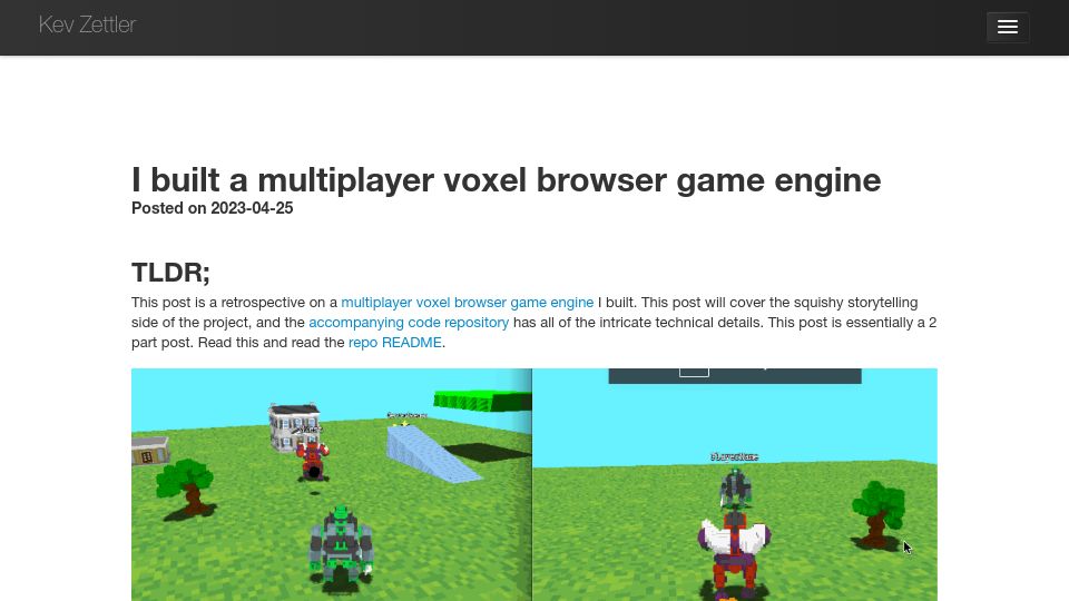 Screenshot of kevzettler.com: Show HN: I built a multiplayer voxel browser game engine