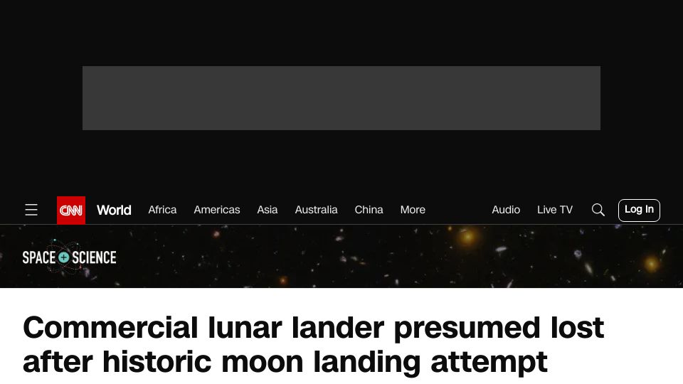 Screenshot of cnn.com: Commercial lunar lander presumed lost after moon landing attempt