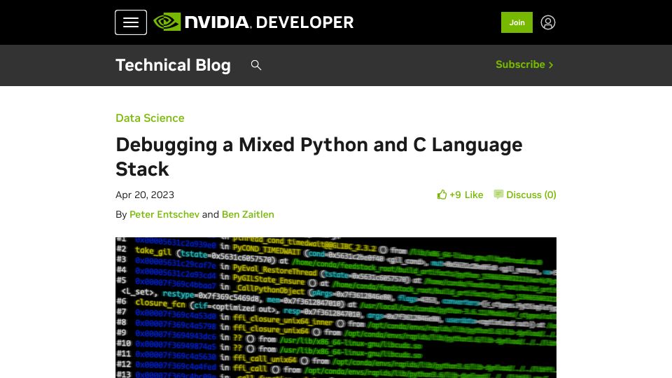 Screenshot of developer.nvidia.com: Debugging a Mixed Python and C Language Stack