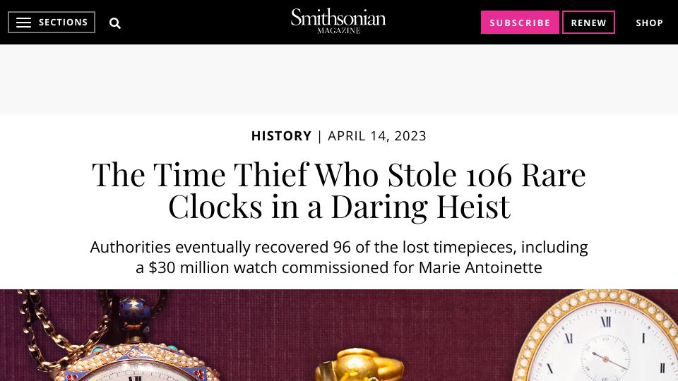 Screenshot of smithsonianmag.com: A thief who stole 106 rare clocks