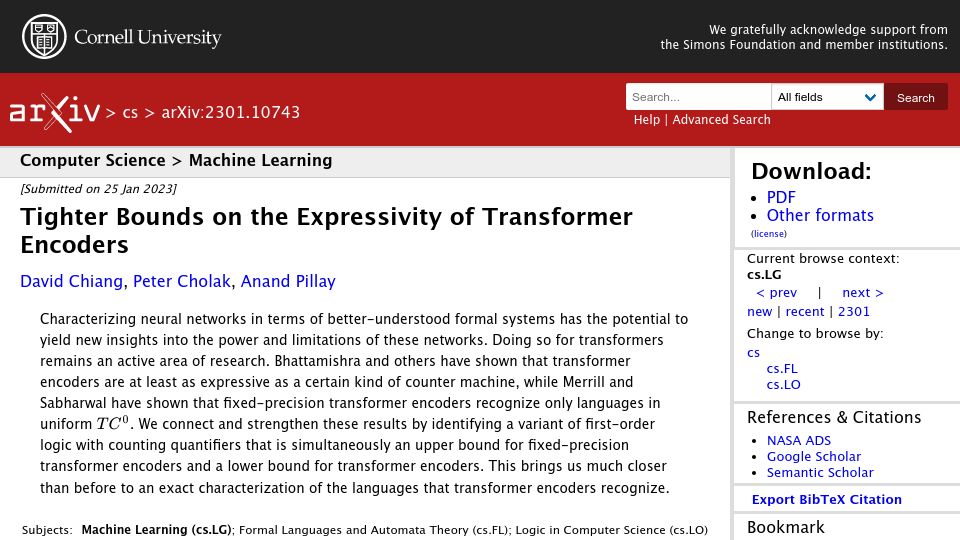 Screenshot of arxiv.org: Tighter bounds on the expressivity of transformer encoders