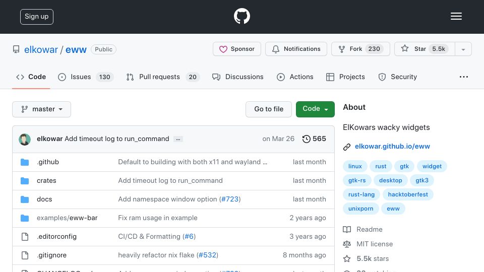 Screenshot of github.com: Eww: ElKowars wacky widgets
