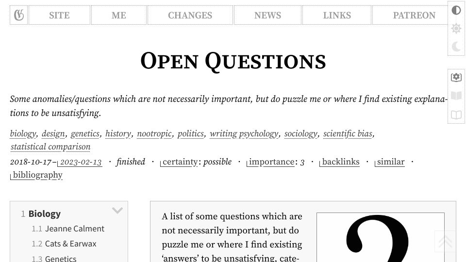 Screenshot of gwern.net: Open Questions