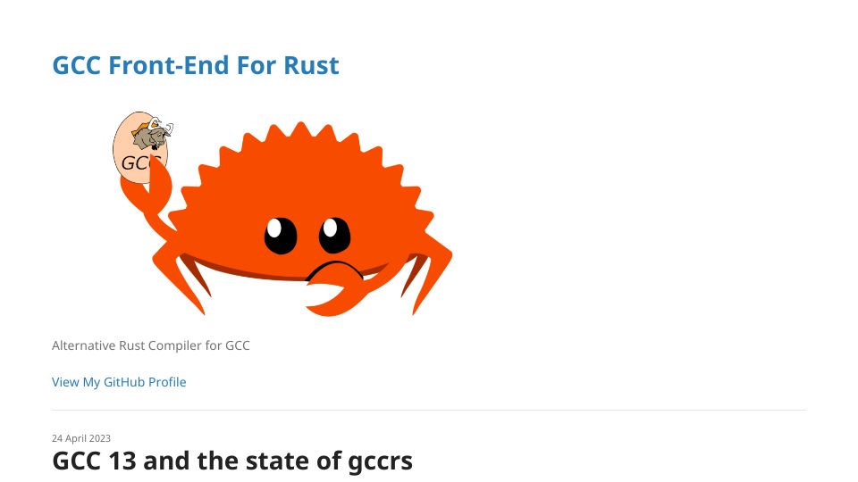 Screenshot of rust-gcc.github.io: GCC 13 and the State of Gccrs