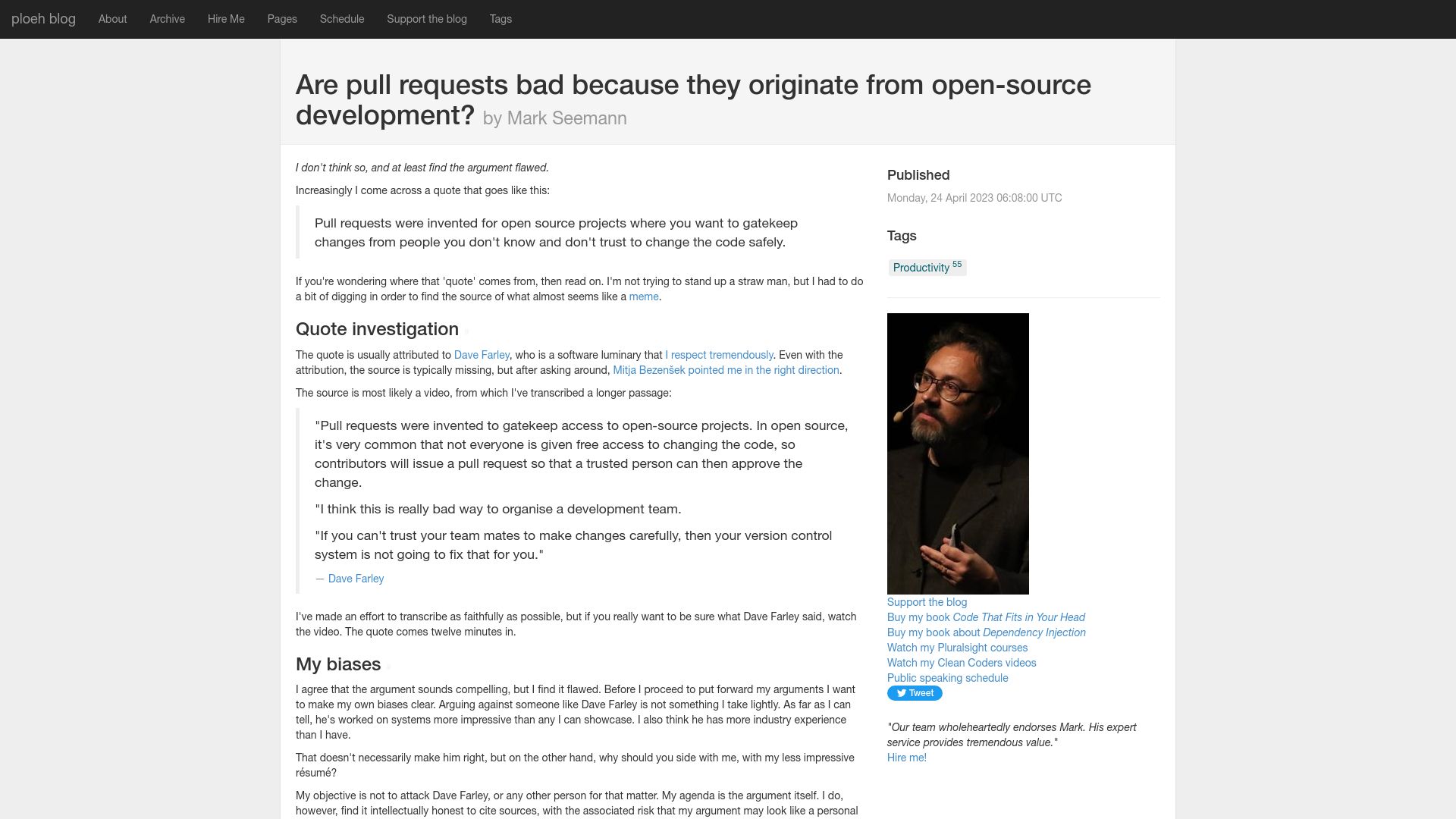 Screenshot of blog.ploeh.dk: Are pull requests bad because they originate from open-source development?