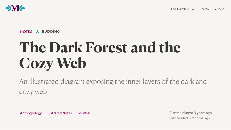 Screenshot of maggieappleton.com: The dark forest and the cozy web (2020)