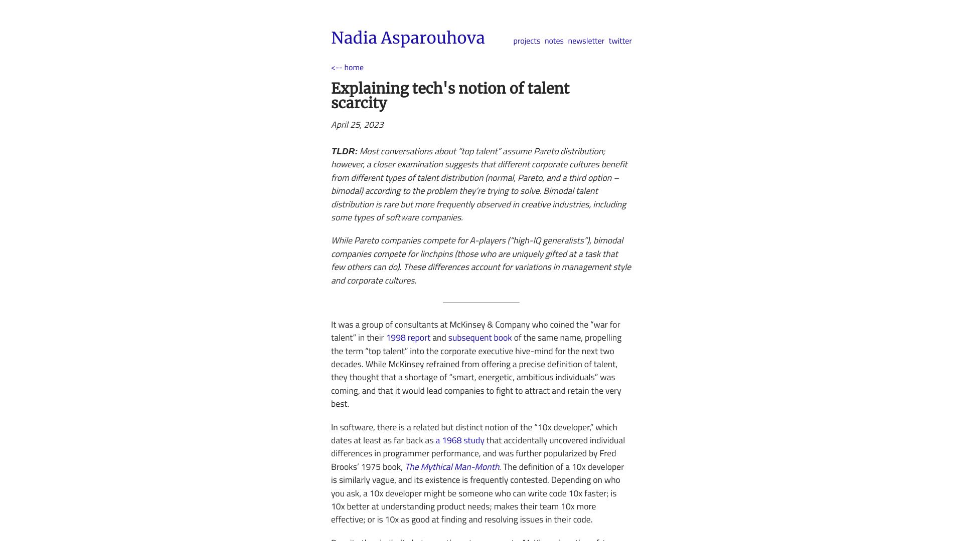 Screenshot of nadia.xyz: Explaining tech's notion of talent scarcity