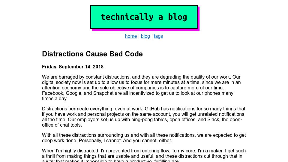 Screenshot of ntietz.com: Distractions Cause Bad Code (2018)