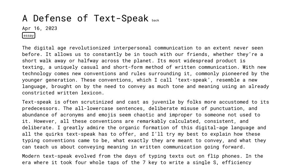 Screenshot of nateranda.com: A Defense of Text-Speak