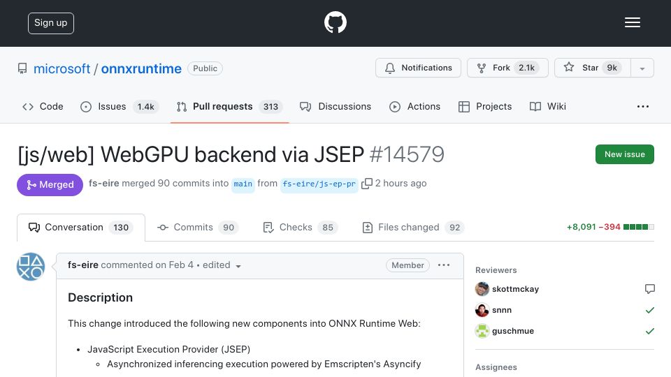 Screenshot of github.com: ONNX Runtime merges WebGPU backend