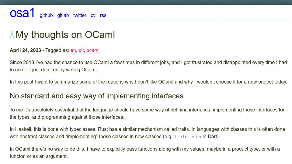 Screenshot of osa1.net: My thoughts on OCaml