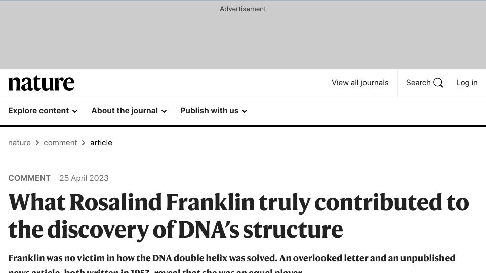 Screenshot of nature.com: What Rosalind Franklin contributed to the discovery of DNA’s structure