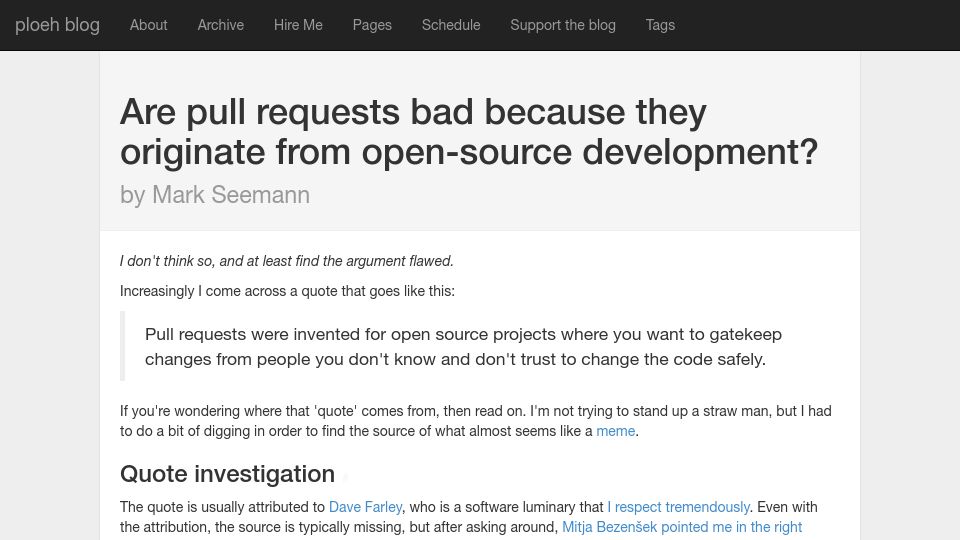 Screenshot of blog.ploeh.dk: Are pull requests bad because they originate from open-source development?