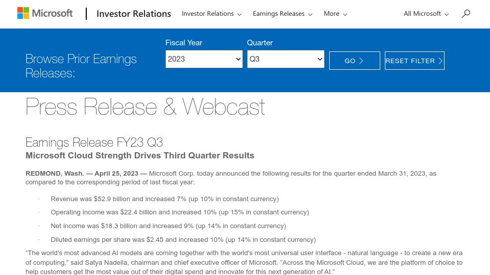 Screenshot of microsoft.com: Microsoft Announces Q3 Earnings